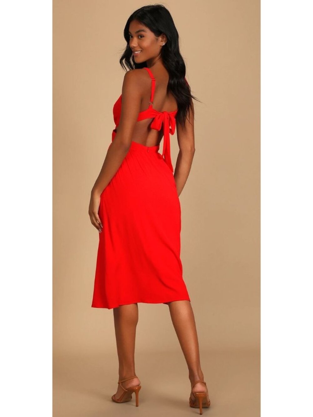 Lulus Bold New Look Bright Red Tie-Back Midi Dress With Pockets Size Small NWT
